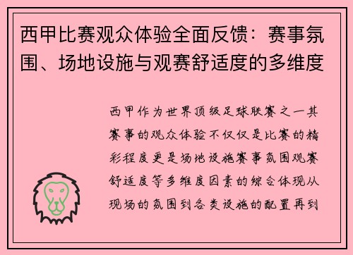 西甲比赛观众体验全面反馈：赛事氛围、场地设施与观赛舒适度的多维度分析