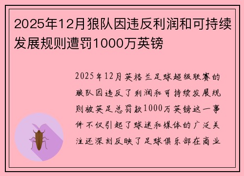2025年12月狼队因违反利润和可持续发展规则遭罚1000万英镑 2025年12月狼队因违反利润和可持续发展规则遭罚1000万英镑