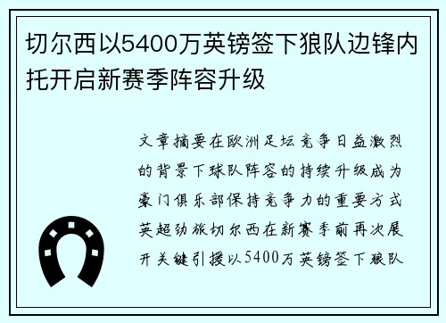 切尔西以5400万英镑签下狼队边锋内托开启新赛季阵容升级